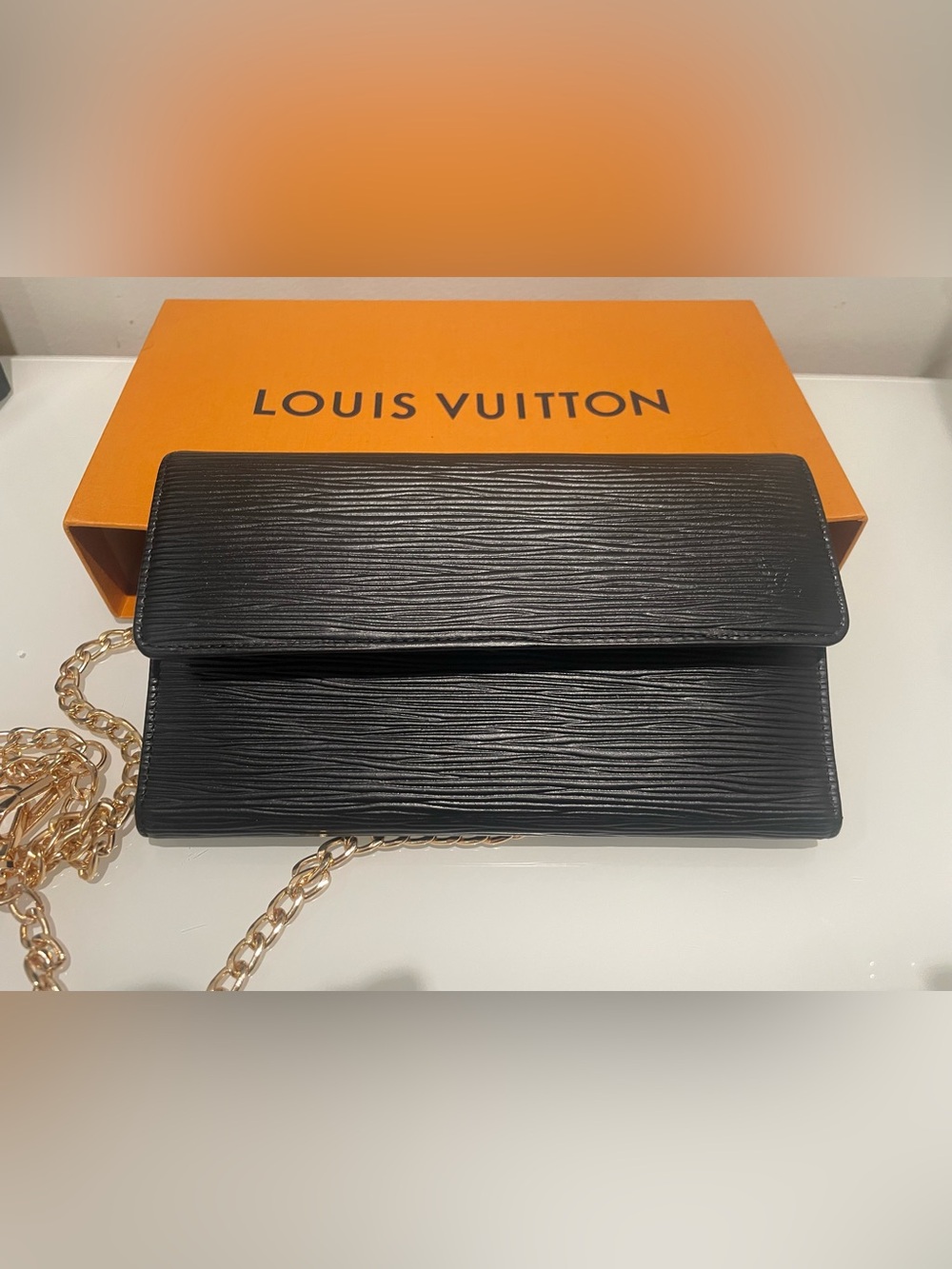 Louis Vuitton Black Epi Leather Sarah Wallet on non branded chain with COA&box